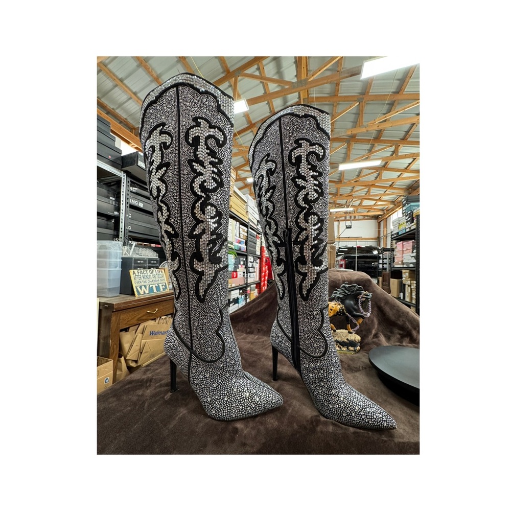 INC Rhinestone Black and Silver Heeled Boots size 8